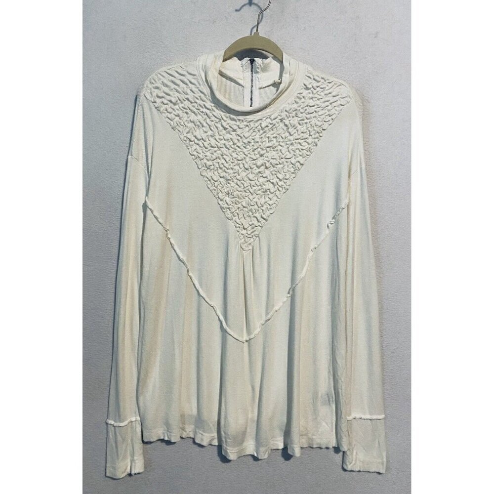 POL Anthropologie Top Womens Medium White Ribbed Tunic Back Zipper Mock Neck